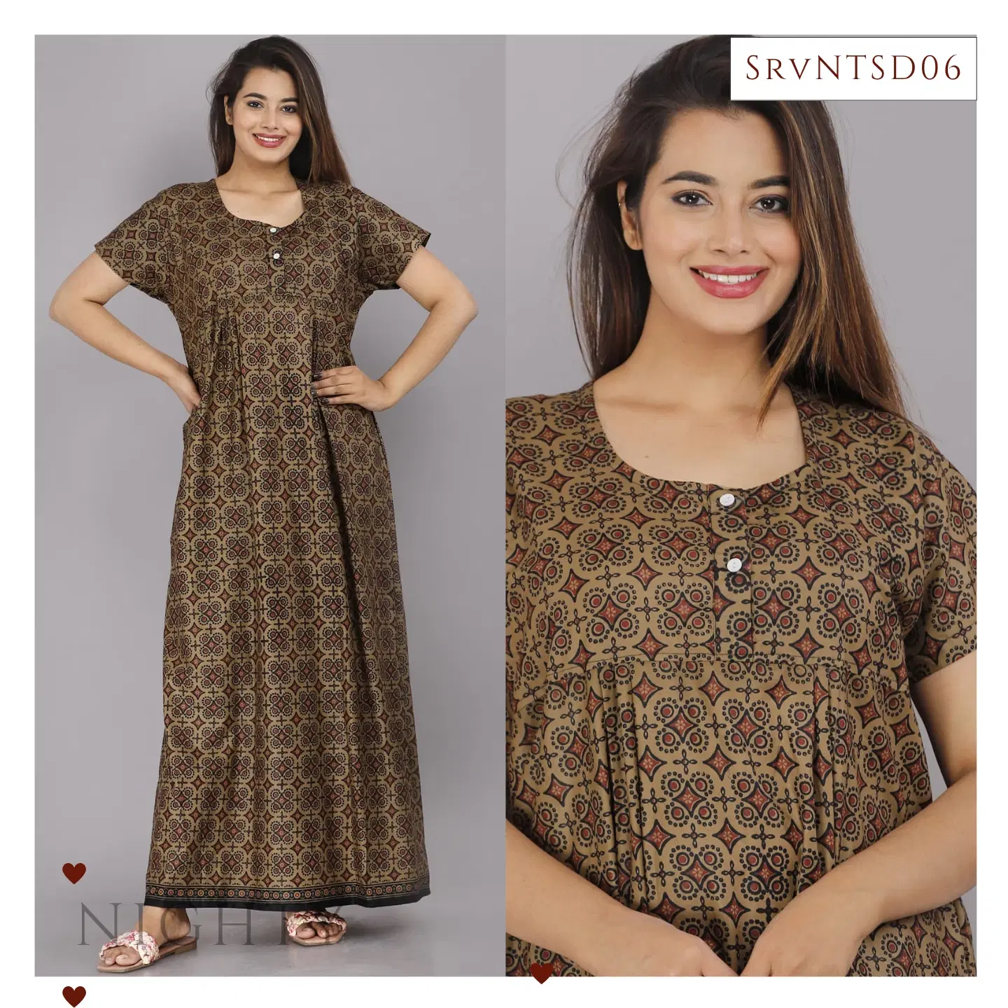 Women’s Deep Sage Geometric Print Premium Cotton Full-length Nighty