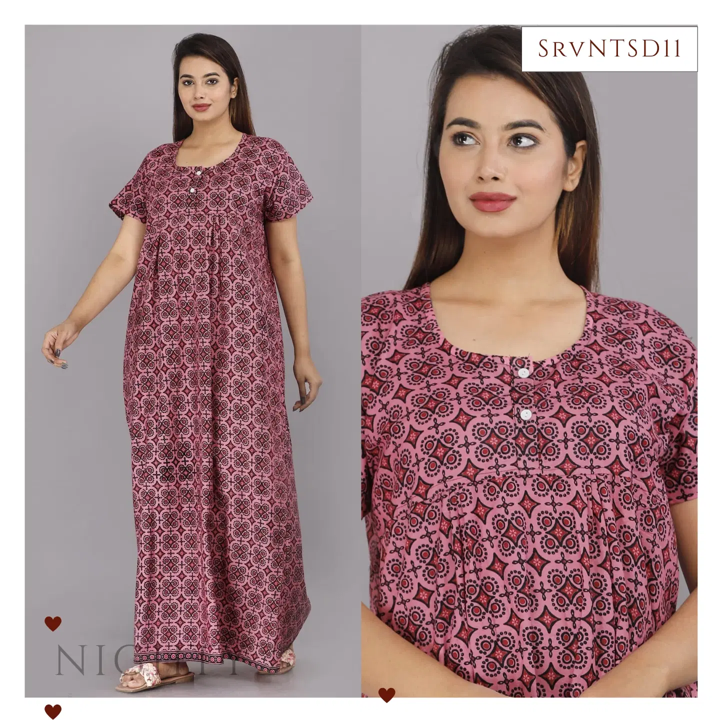 Women's Pink Geometric Print Premium Cotton Nighty