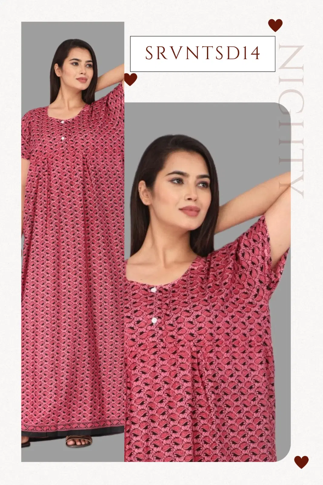 Women's Pink Geometric Print Premium Cotton Full-length Nighty