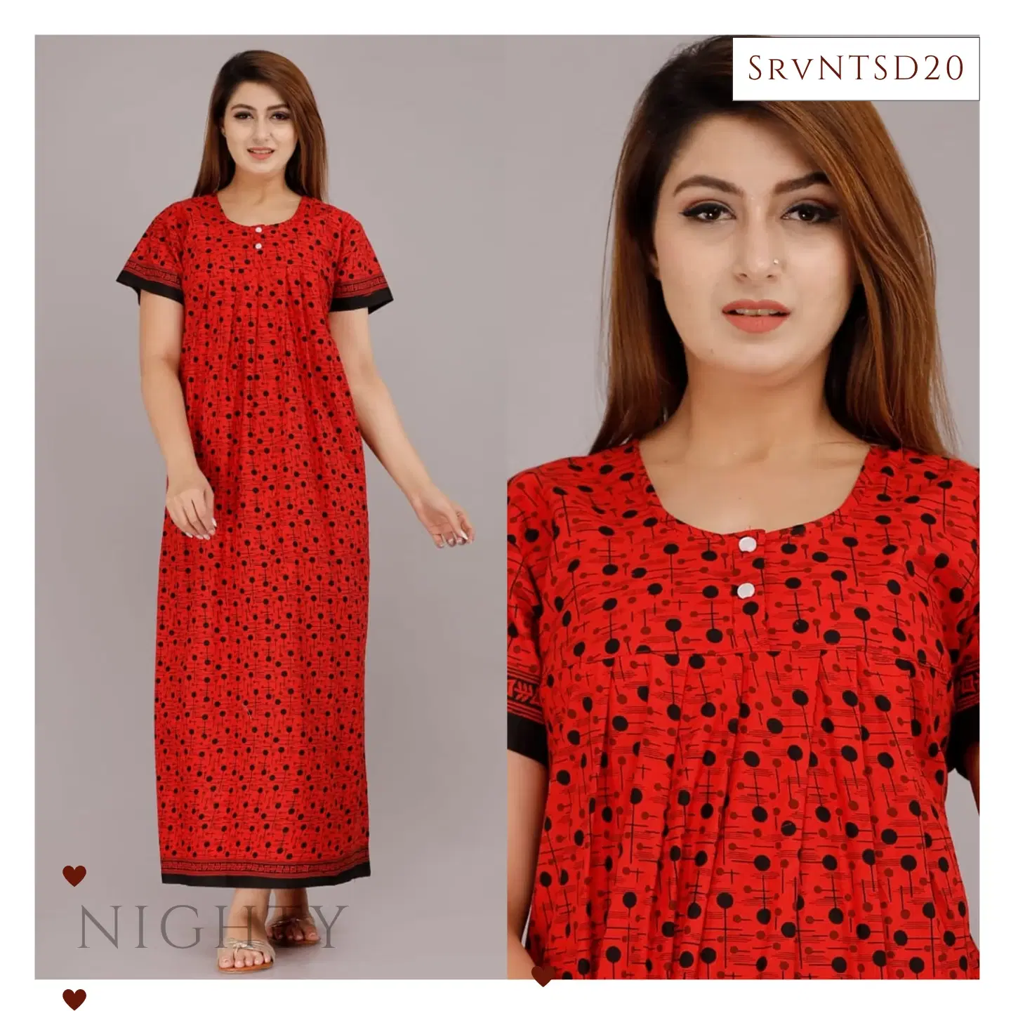 Women's Red Polka dot Print Premium Cotton Full-Length Nighty