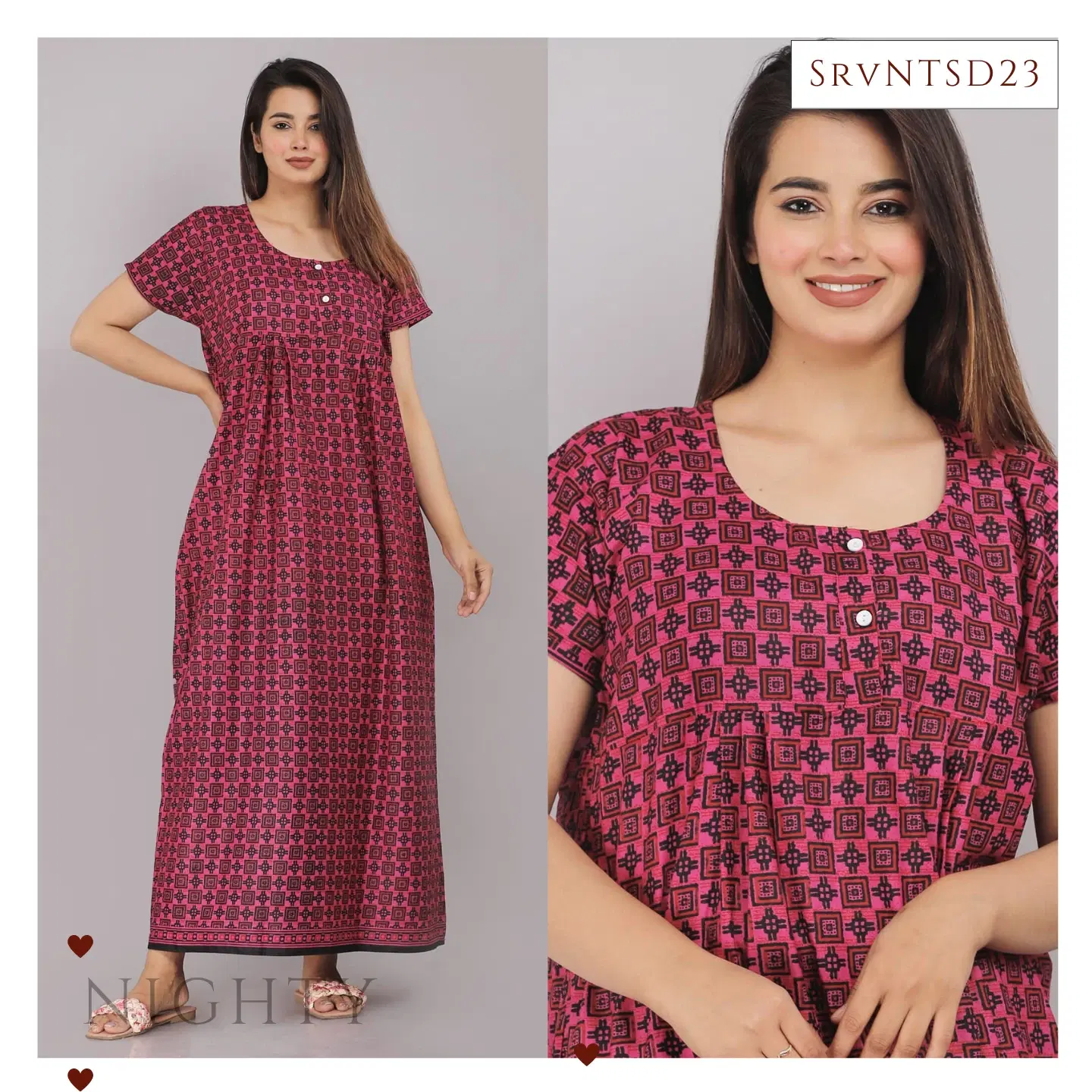 Women's Dark Pink Geometric Print Premium Cotton Nighty