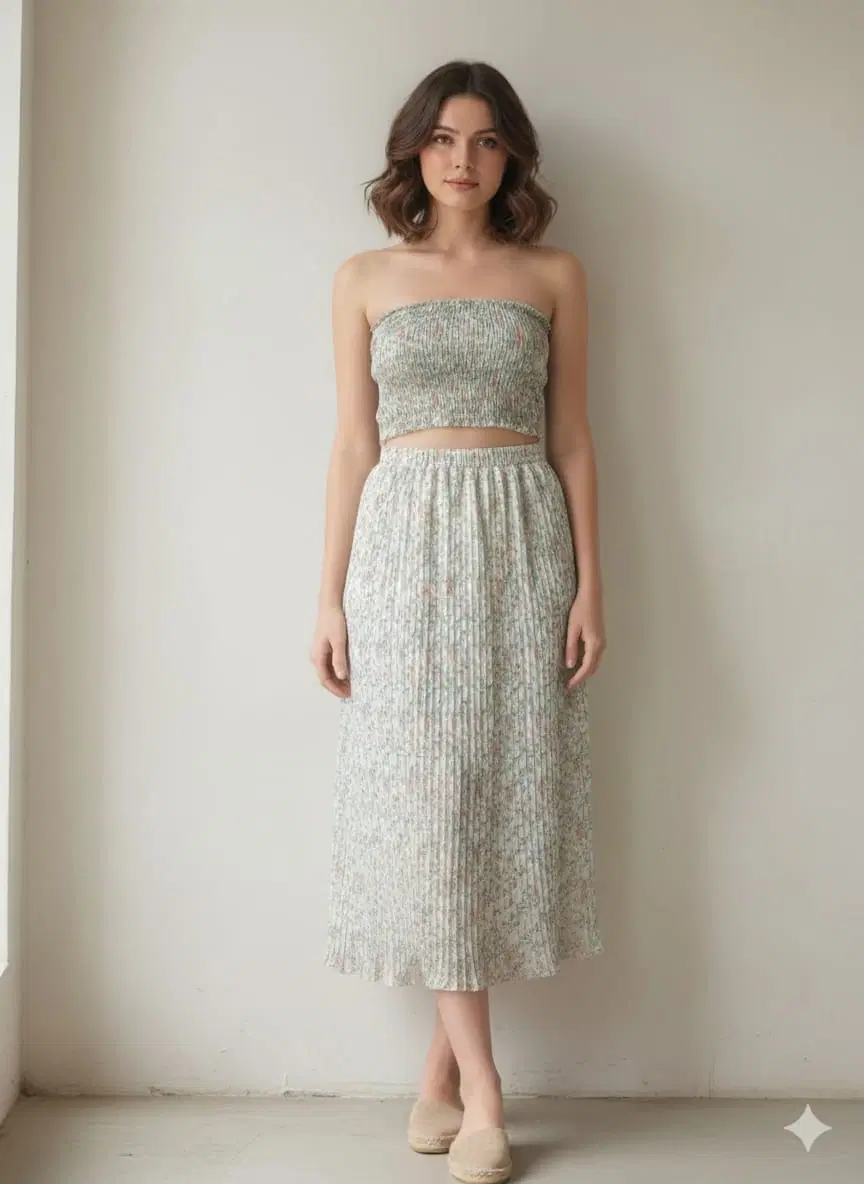 Woman wearing a floral strapless crop top with a matching pleated midi skirt and beige flats
