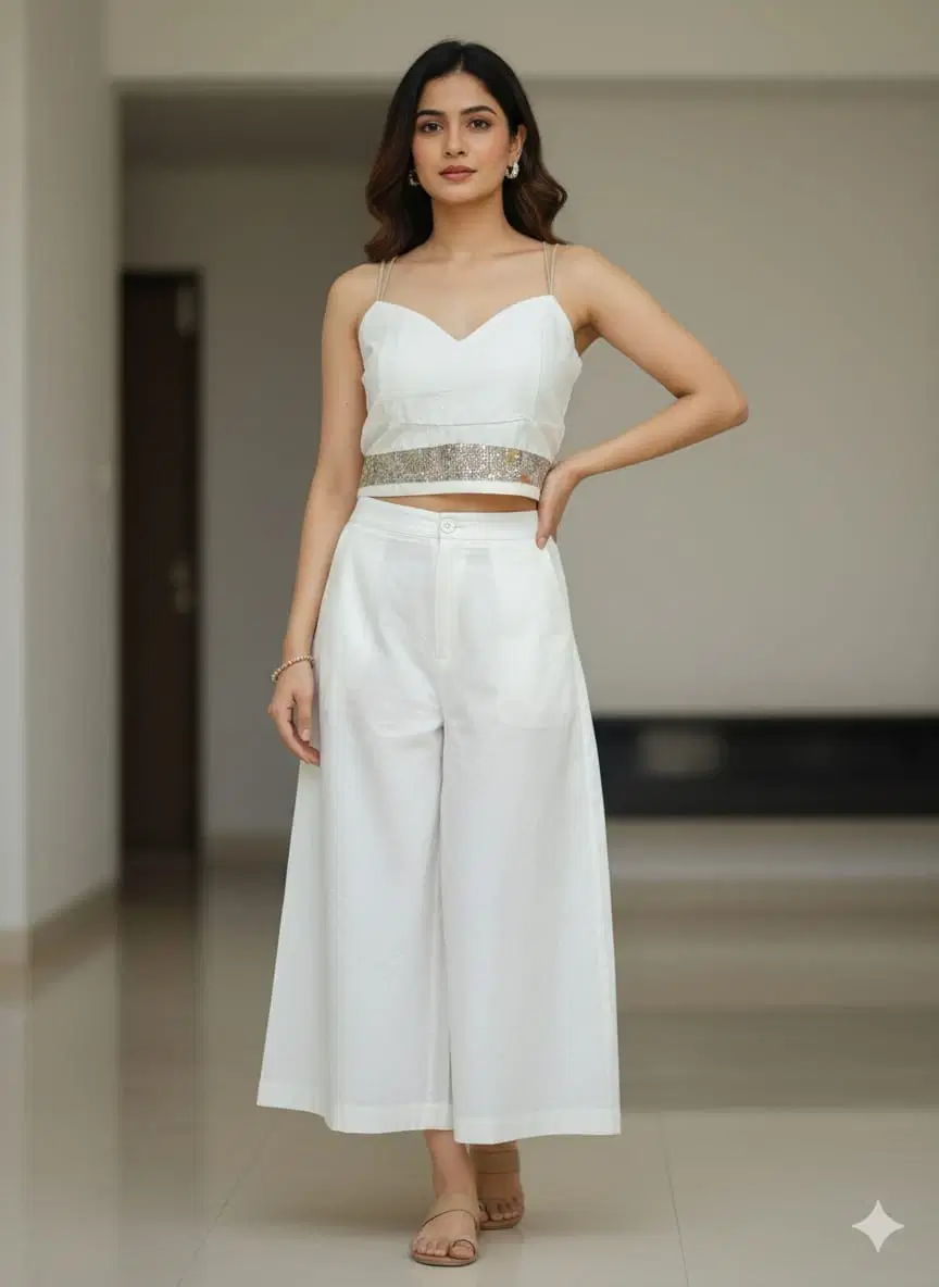 Women's White Floral Textured Crop Top & Wide-Leg Pants Co-ord Set