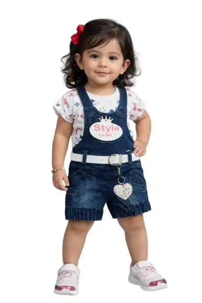 Denim Dungaree Set for Girls with Printed Top, Comfortable and Stylish, Perfect for Casual Wear, Summer Outfits, Adjustable Straps, Soft Hosiery Material, Trendy Kids Apparel
