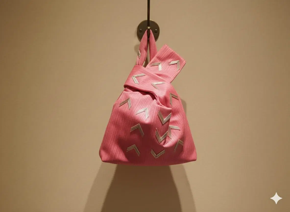 Pink knot-handle handbag with metallic chevron embellishments hanging against a beige wall