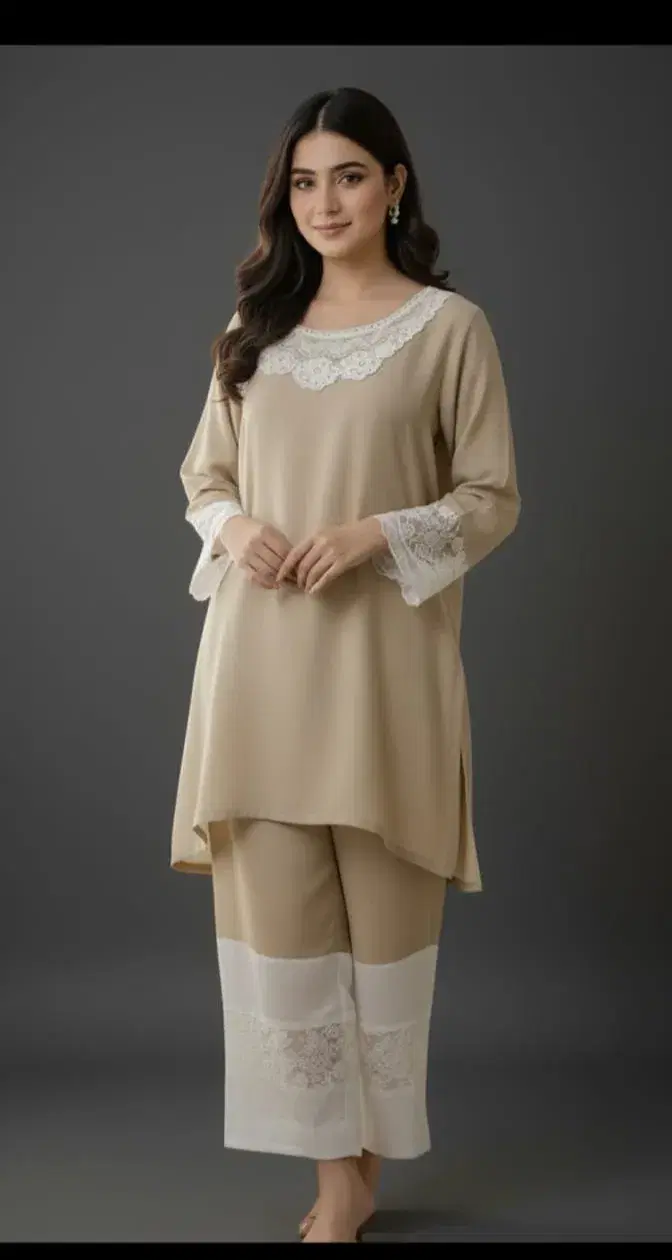 Women’s Beige Lace Detail Kurta with Palazzo Set
