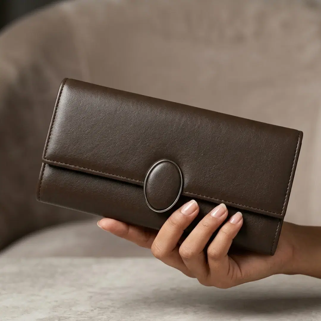 Stylish Brown Long Clutch for Women and Girls – Flap Closure Hand Purse