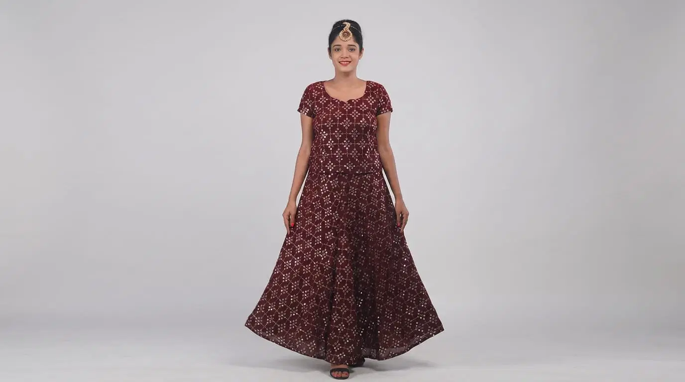 Girls Maroon Printed Ethnic Gown Dress