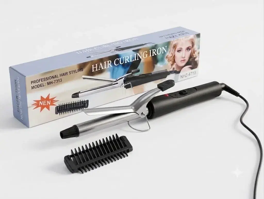Professional hair curling iron with cord, clamp barrel, comb attachments, and retail box