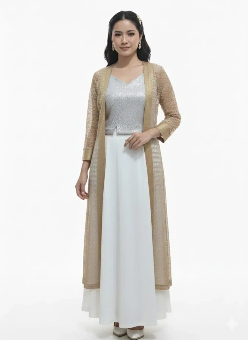 Women's Shimmer Maxi Dress with Longline Open Front Jacket