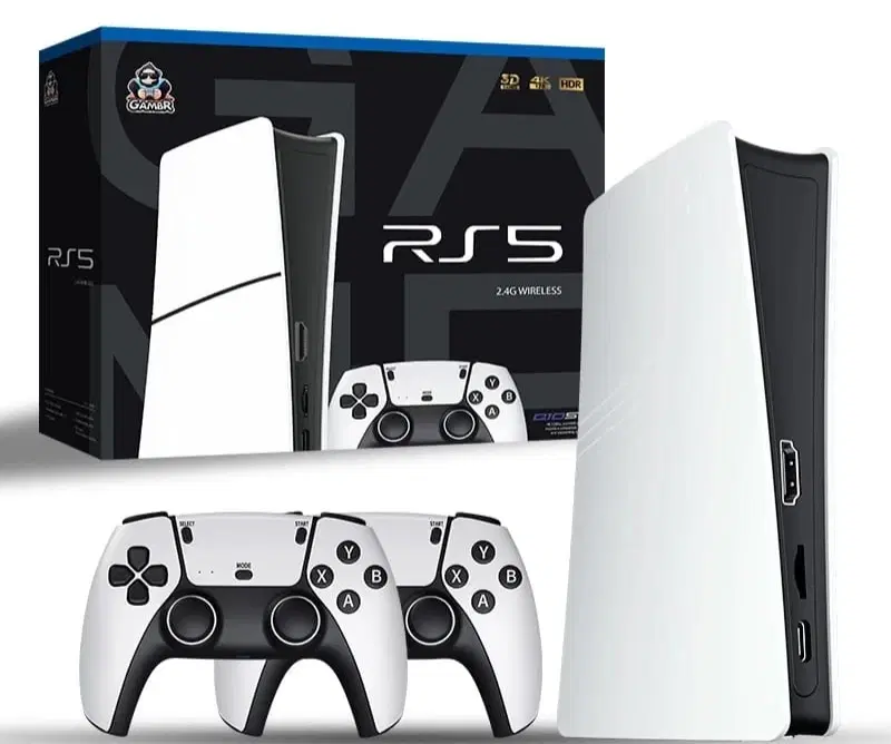 RS5 wireless game console in white with two matching controllers and retail box