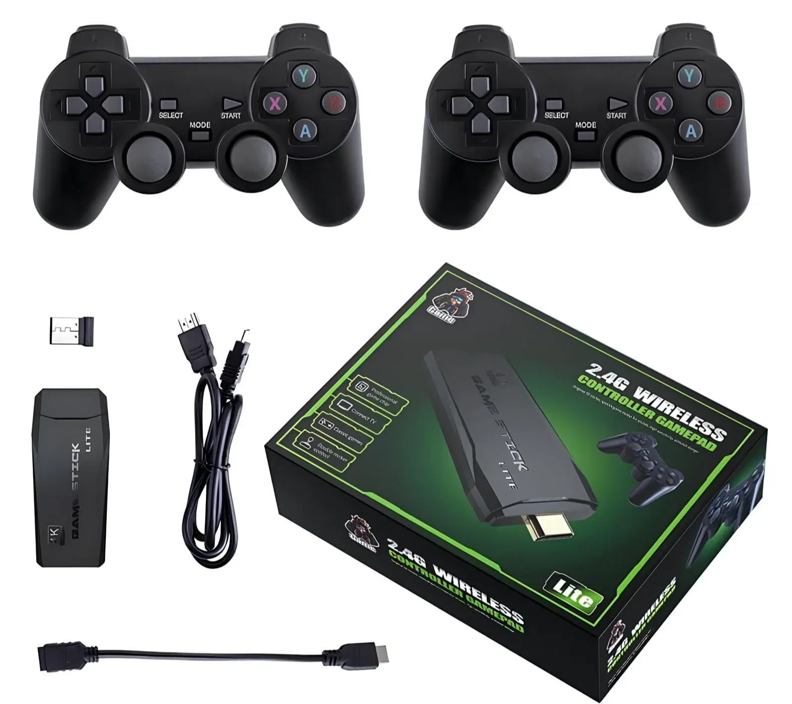 Two black wireless game controllers with HDMI game stick, USB cable, receiver and retail box