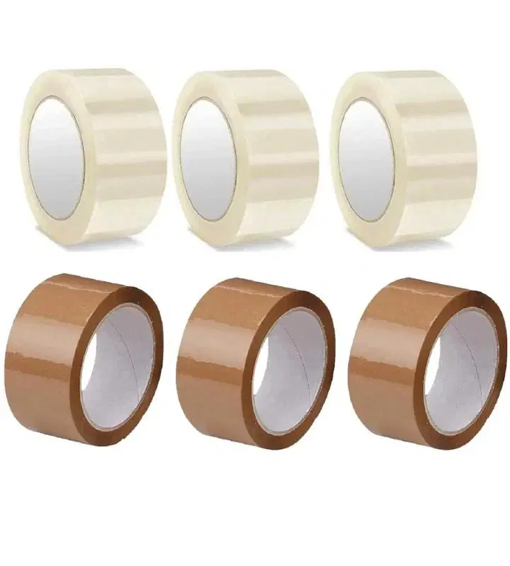 Six packaging tape rolls, three transparent and three brown, arranged on a white background