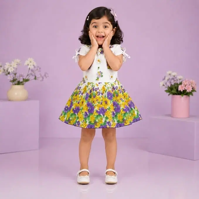Flower Print Cute Frock for Girls | Fancy Party Frock with Elegant Floral Applique | Premium Lightweight Birthday Celebration Dress