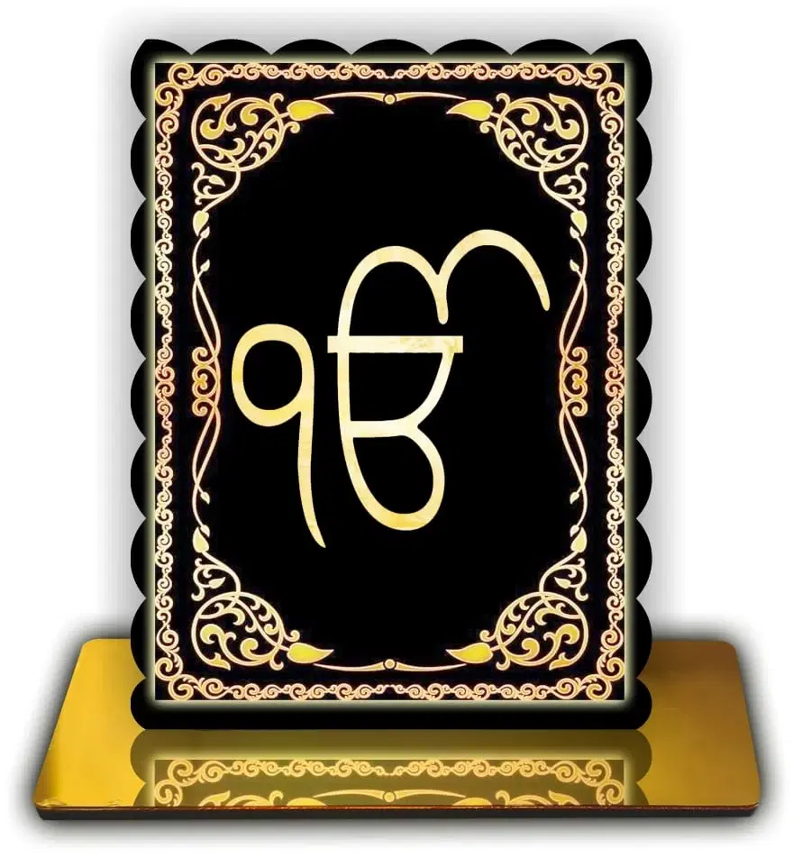 ART END Premium Spiritual Frame with Ekonkar Symbol, Navy Blue and Gold Design, 4.7x5.5 Inches, Golden Reflective Base for Home Temple, Office, Meditation Space (Black)
