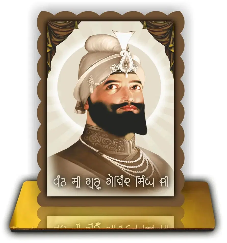 ART END Guru Gobind Singh Ji Spiritual Standy with Golden Reflective Base, Religious for Home and Office, 4.7x5.5 Inches