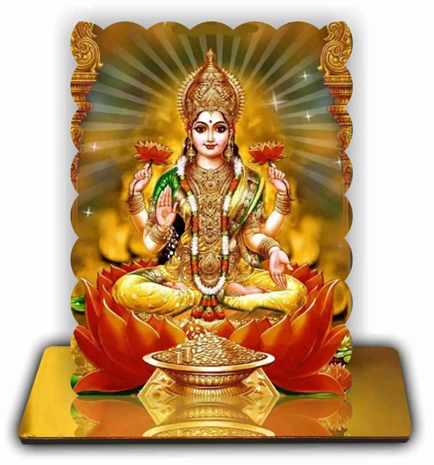 ART END Premium Spiritual Photo Frame with Golden Acrylic Base, Mata Laxmi Religious Showpiece for Home Temple, Office Decor, 4.7x5.5 Inches