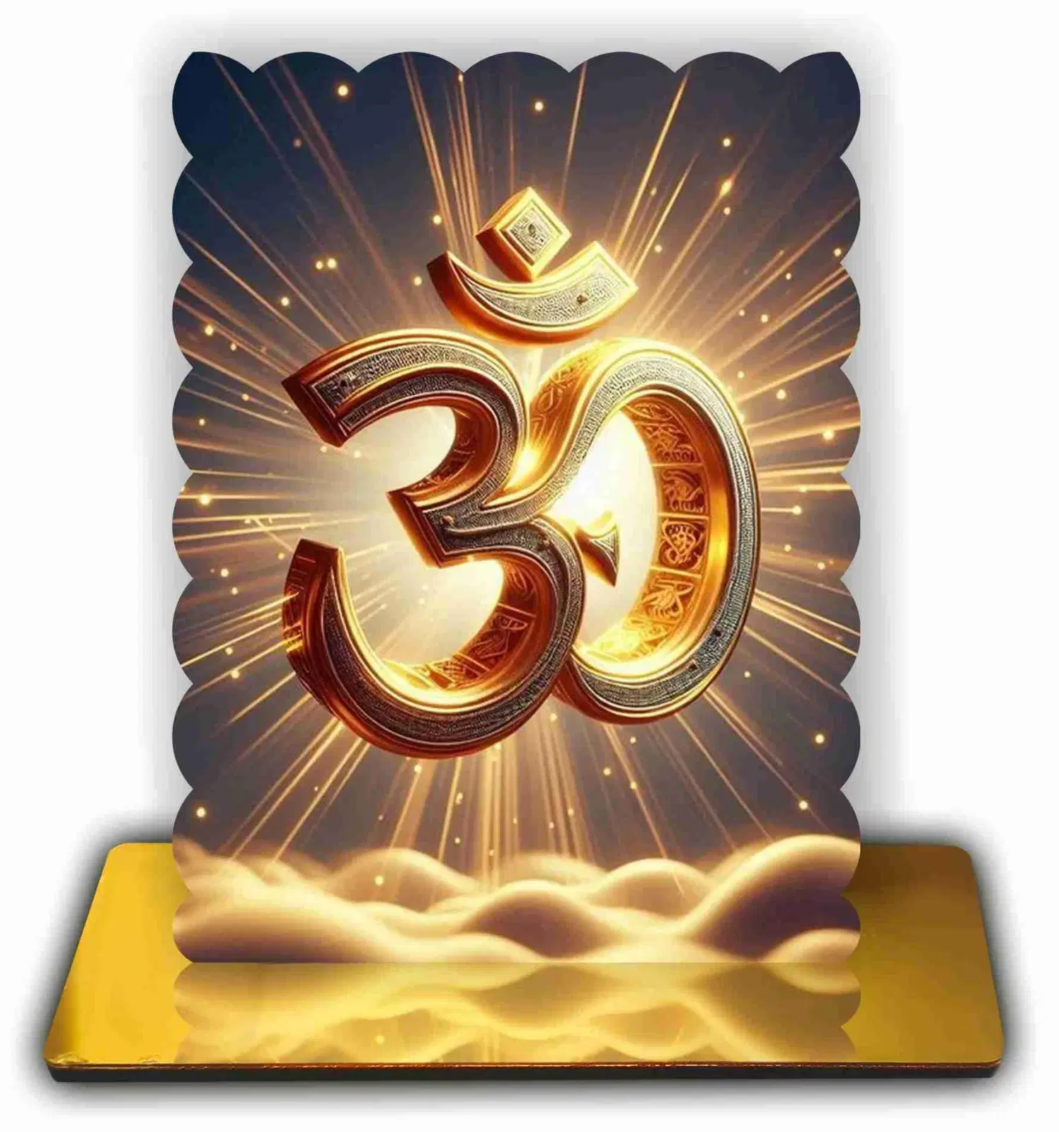 ART END Photo Om Spiritual Standy with Golden Acrylic Base, Religious Showpiece for Home Temple and Office, 4.7x5.5 Inches, Material: Engineered Wood and Golden Mirror Acrylic.