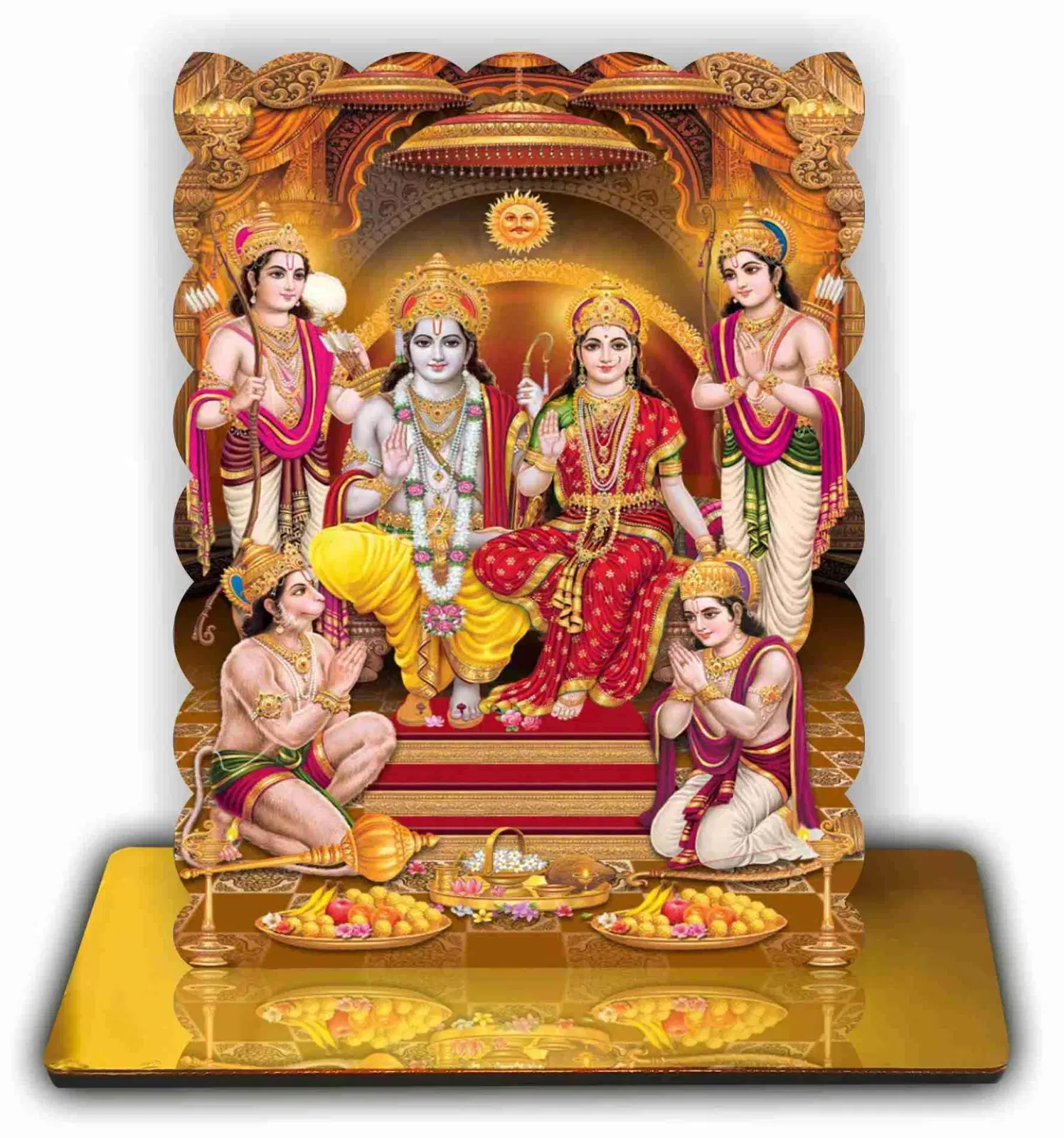 ART END Hindu God Ram-Sita Darbar Spiritual Standy with Golden Reflective Base, Religious Showpiece for Home Temple and Office, 4.7x5.5 Inches, Engineered Wood (P17)