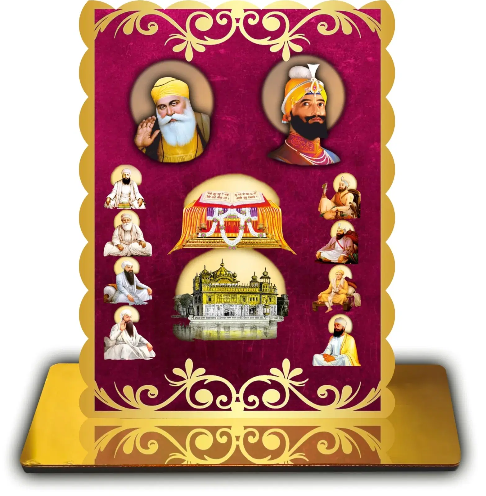 ART END All Sikh Guru Spiritual Standy with Golden Reflective Base, Religious Showpiece for Home Temple and Office, 4.7x5.5 Inches,