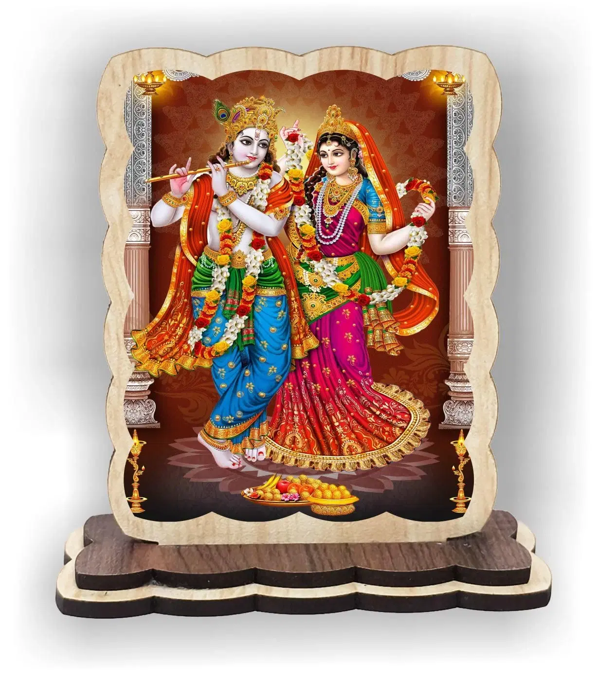 ART END Radha Krishna Wooden Frame, Decorative Table Stand, Car Dashboard Idol, 4 x 3.5 Inch