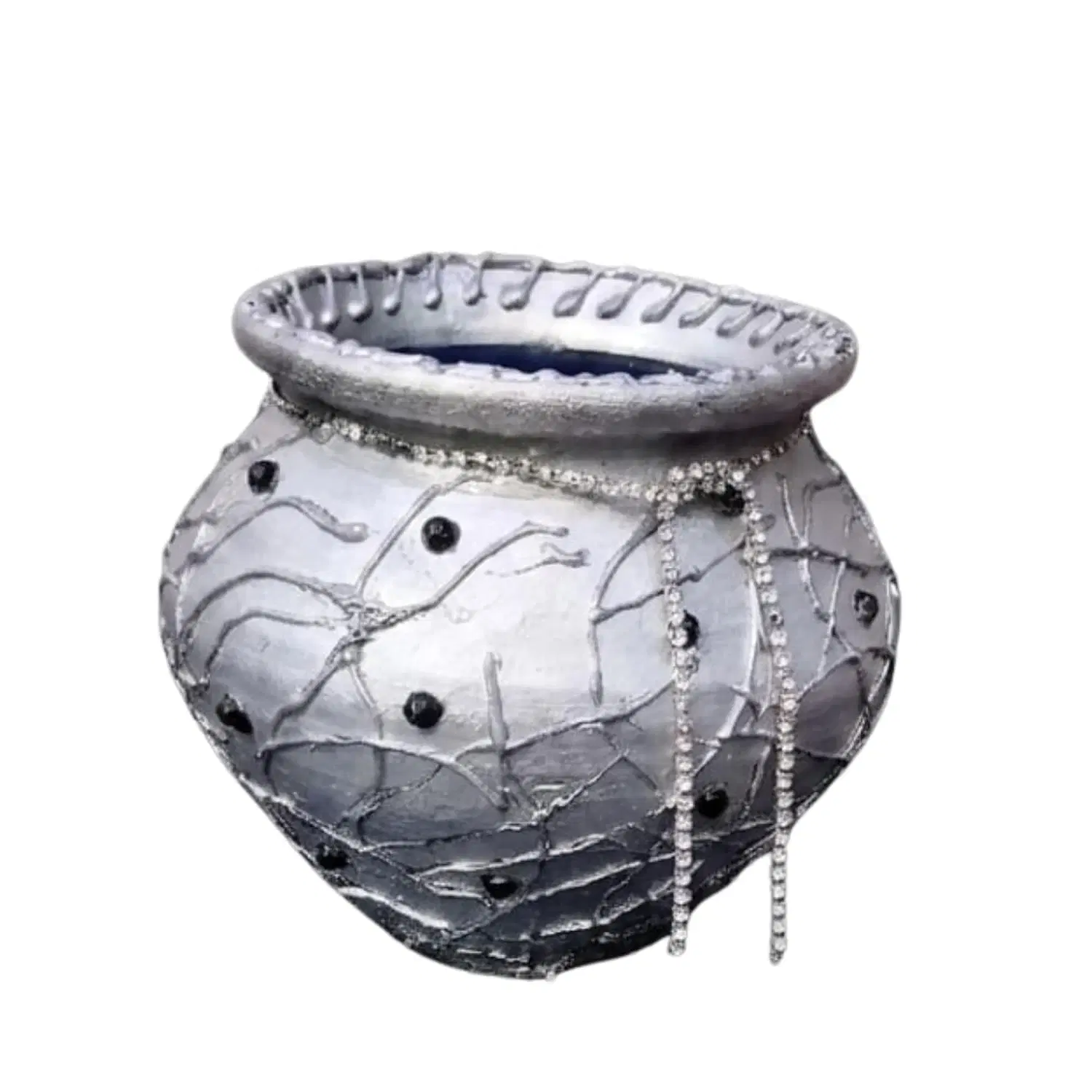 Curated Craft Silver Earthen Pot with Crystal Bead Accents & Textured Abstract Design Decorative Clay Pot for Luxury Home Décor (13.97x12.7H cm)