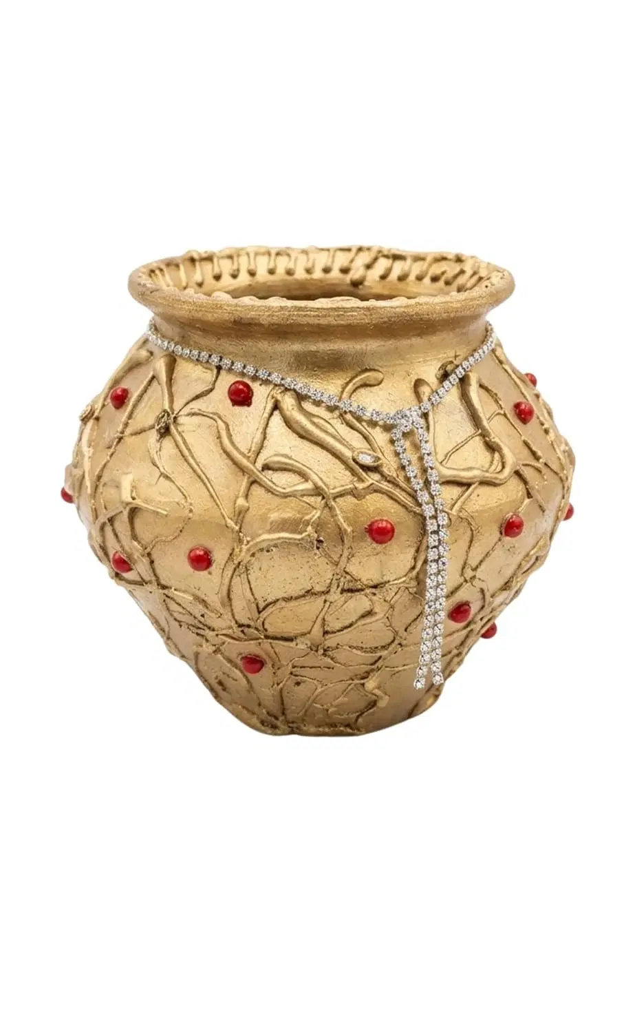 Curated Craft Designer Handcrafted Matki & Pot Planter with 3D Texture Design & Silver Stone Chain Decorative Earthen Clay Mitti Pot for Artificial Plants Home,Office &Living Room (15.24Lx13.97H cm)