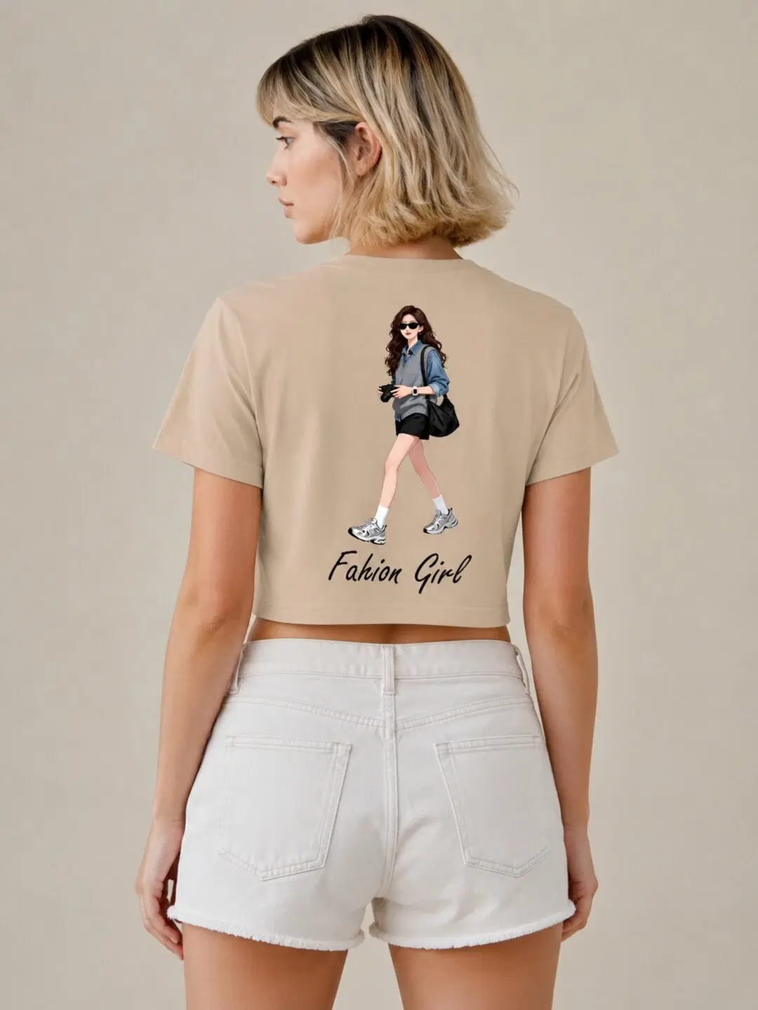 Fashion Girl Printed Round Neck Crop Pre-customized Tshirt for Women