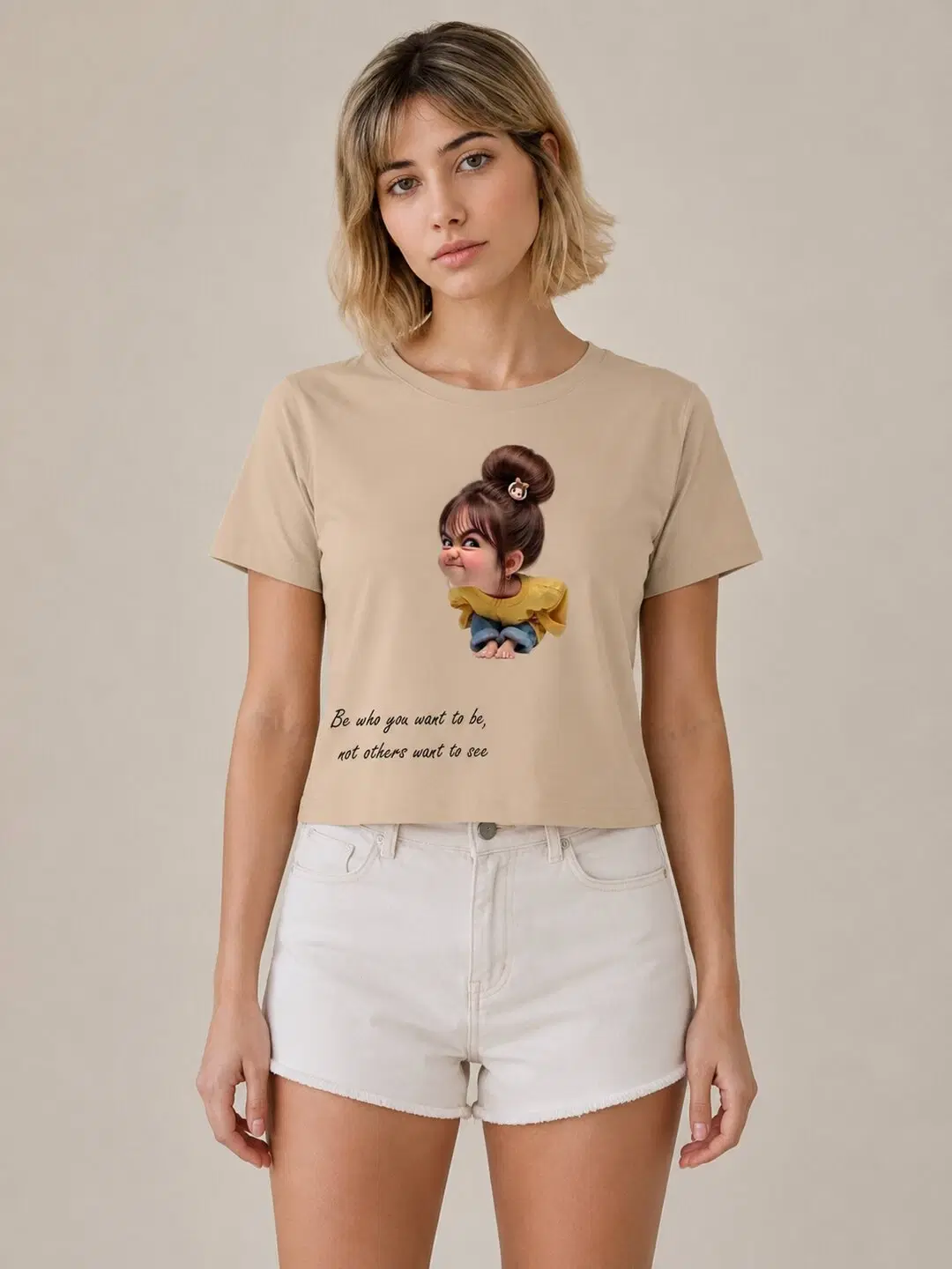 Naughty Printed Round Neck Crop Pre-customized Tshirt for Women