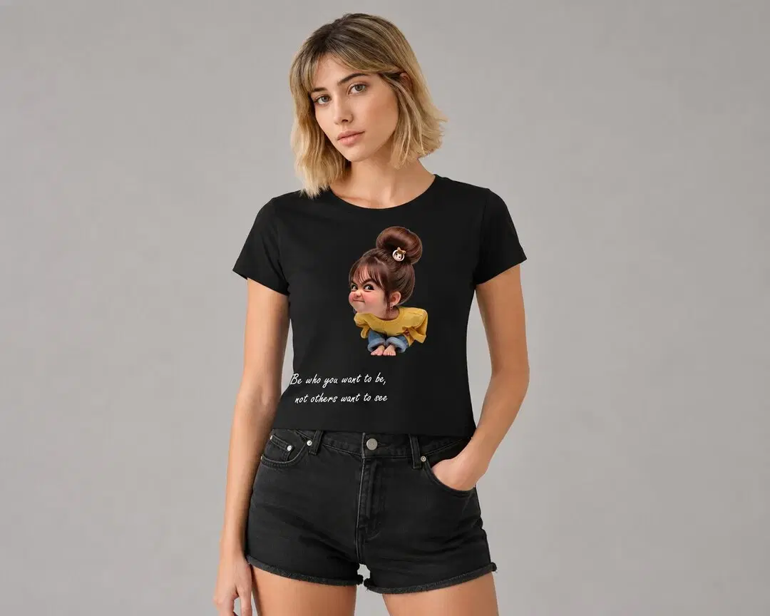 Naughty Printed Round Neck Crop Pre-customized Tshirt for Women