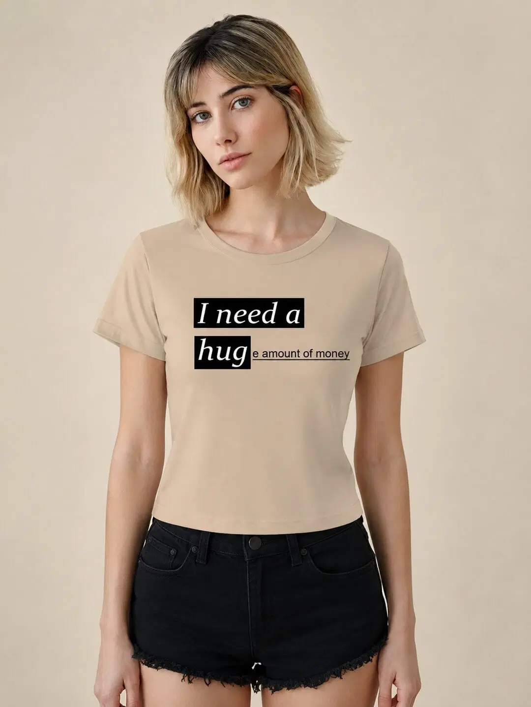 Money Printed Round Neck Crop Pre-customized Tshirt for Women