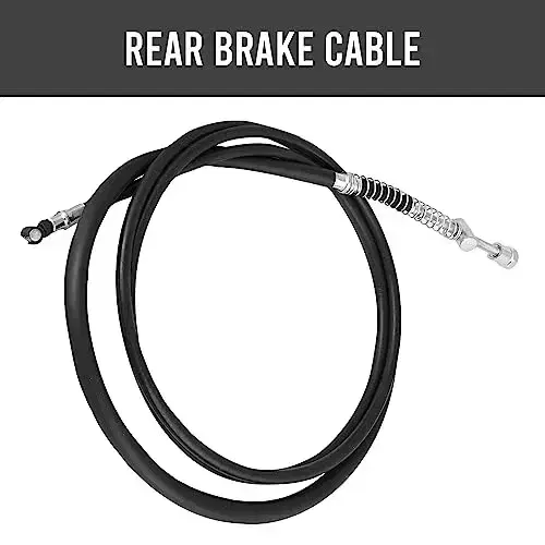 Black rear brake cable with metal end fittings and spring section on white background