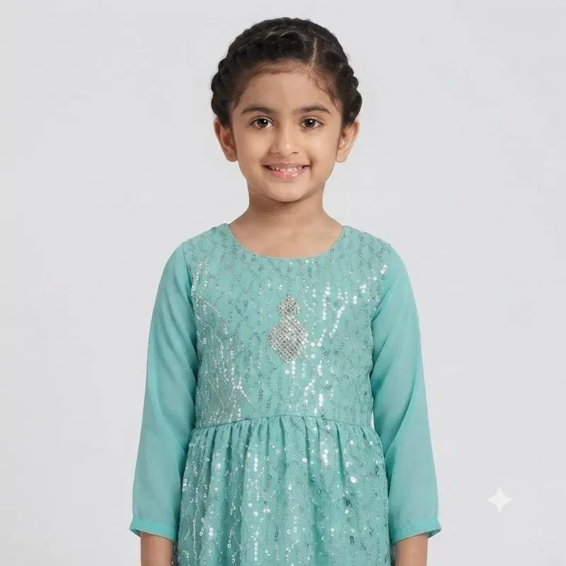 Adiva Girl's Sequined Georgette Peplum Top With Tiered Sharara Set