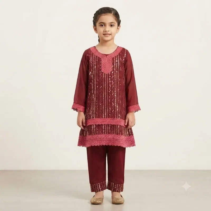 Adiva Girls Maroon Sequin Embroidered Straight Kurta With Pants Set