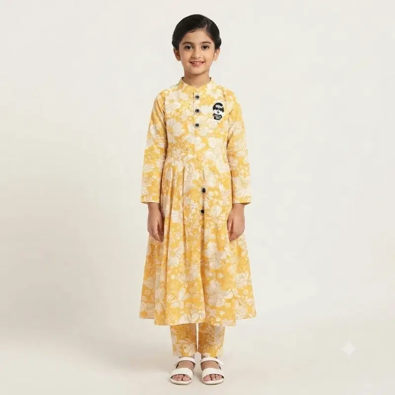 Adiva Girls Yellow Floral Print Anarkali Kurta With Matching Pants Set