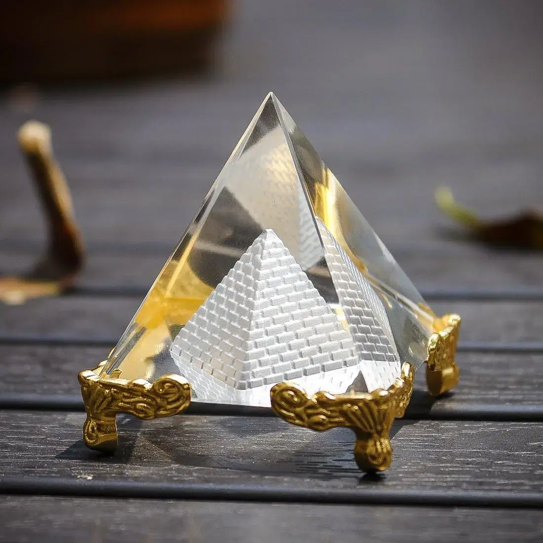 Ahina Pyramid Prism Paperweight 2.4"- Meditation Crystals Home Art Decor Feng Shui for Prosperity Positive Energy with Gold Stand