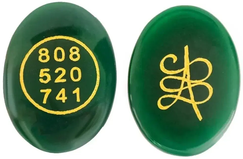 Ahina Green Jade Healing Crystal Coin with Angel Numbers 808 520 741, Oval Shape, Attracts Money, Prosperity and Spiritual Awakening