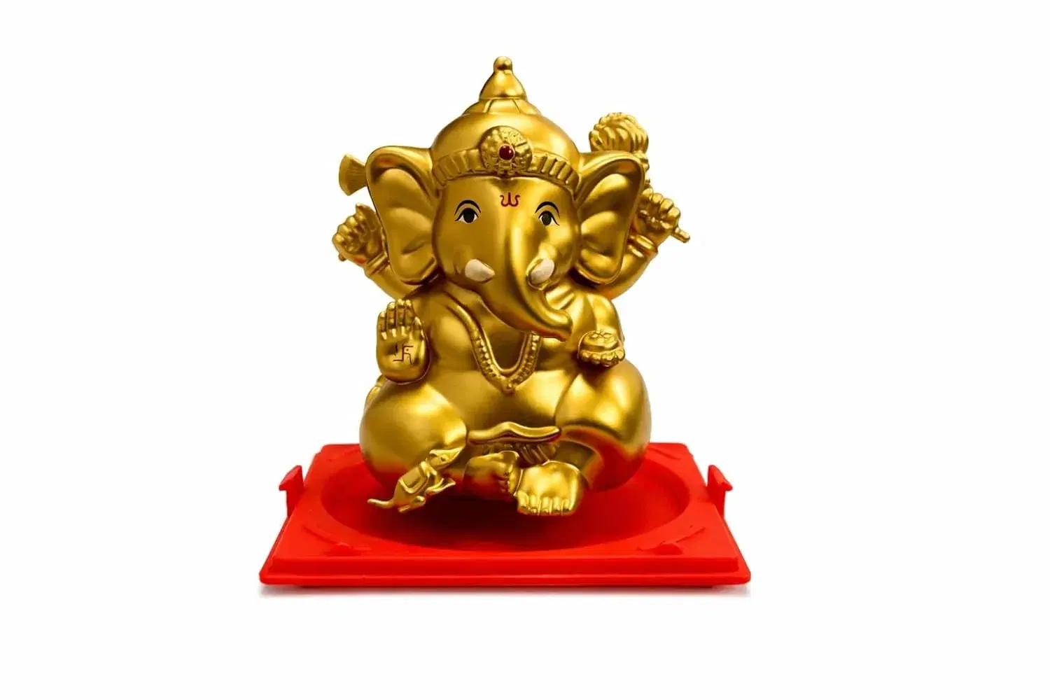 Ahina Solar Ganesh Idol, Gold Colour, Decorative Figurine with Red Base, Solar Powered