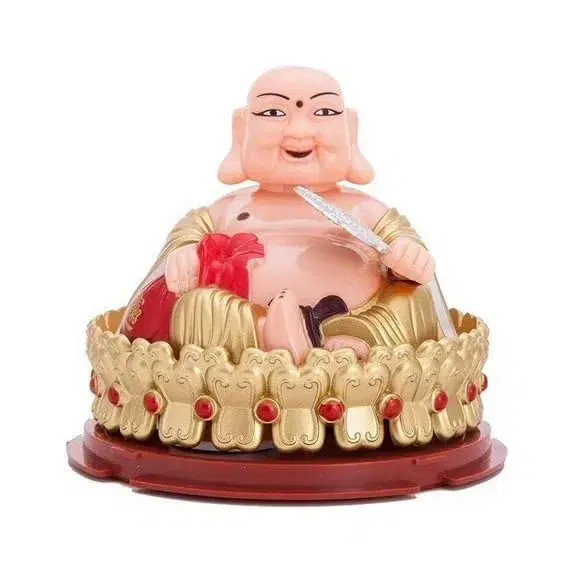 Ahina Laughing Buddha Solar Powered Figurine, Gold and Red, Feng Shui Home Decor Statue