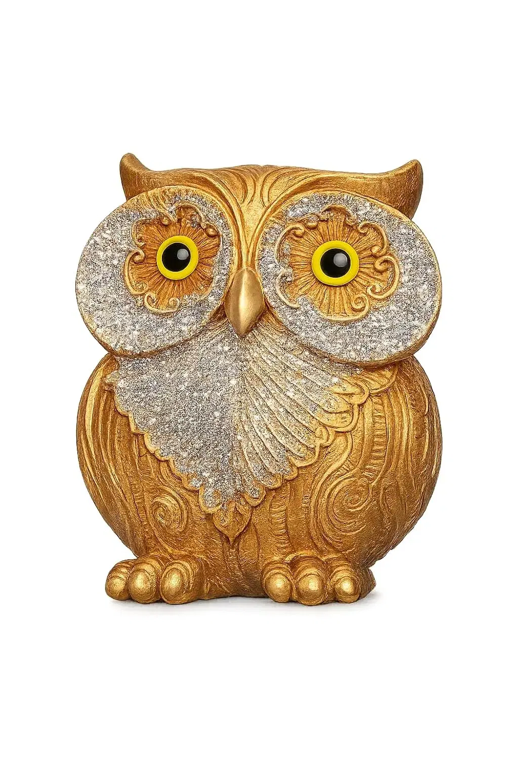 Ahina Golden Resin Owl Showpiece for Home Decor, Office Desk & Study Table | Glitter Wing Detailing, Intricate Carved Design, Office Desk Decor, 3.5x2.5x4 Inches, Decorative Showpiece