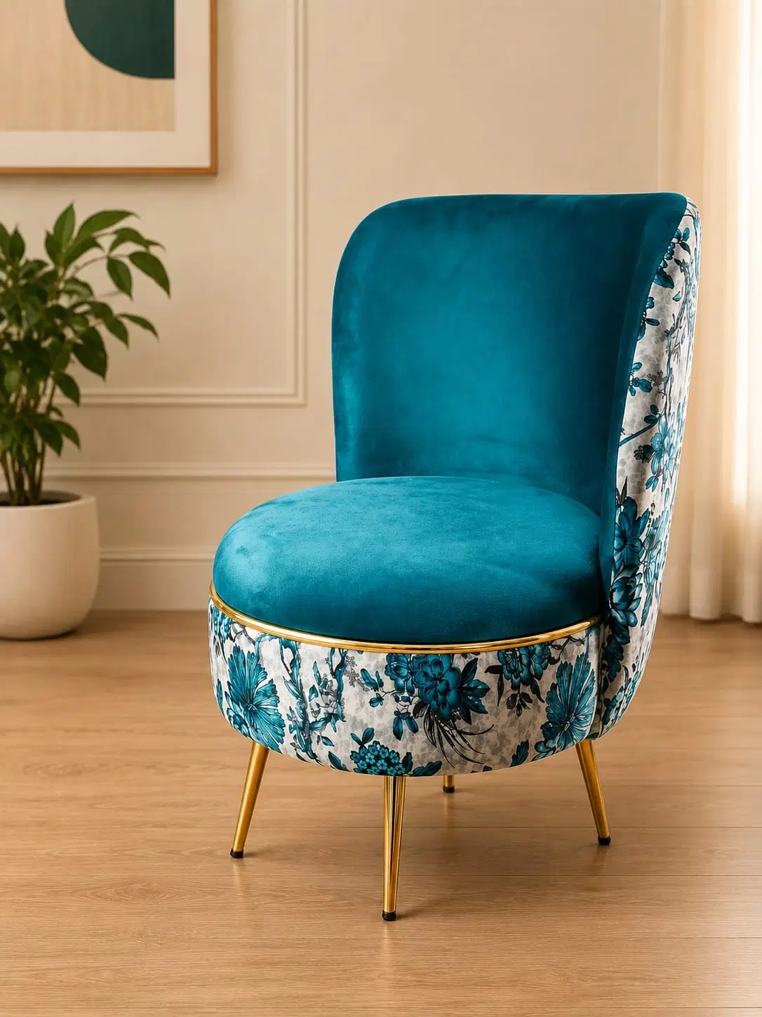 Floral Print with Blue Velvet Ottoman Chair With Golden Legs