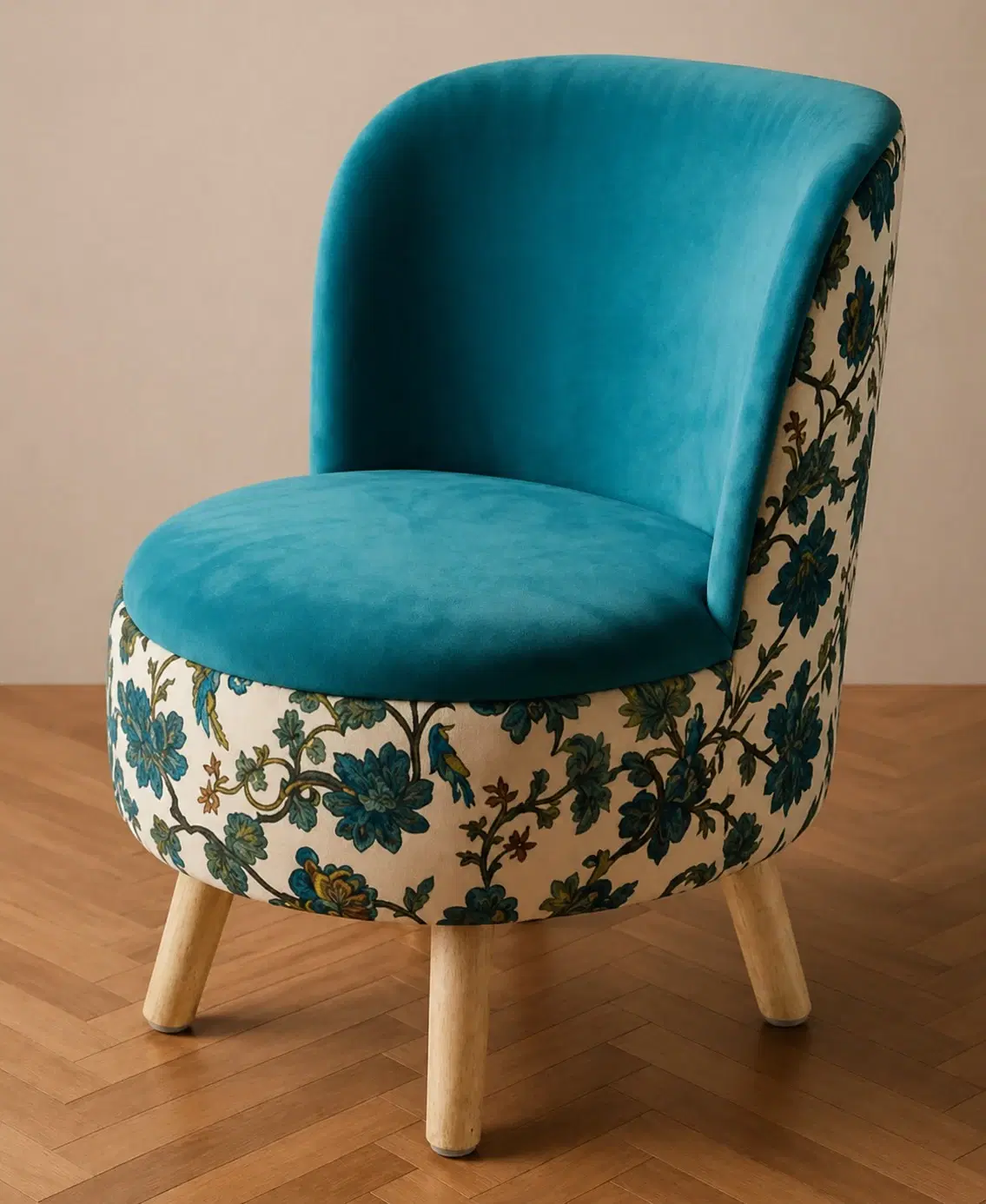 Floral Print with Blue Velvet Ottoman Chair With Wooden Legs
