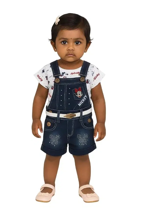 Kids blue Mickey print dungaree set with denim pants and hosiery half sleeve top