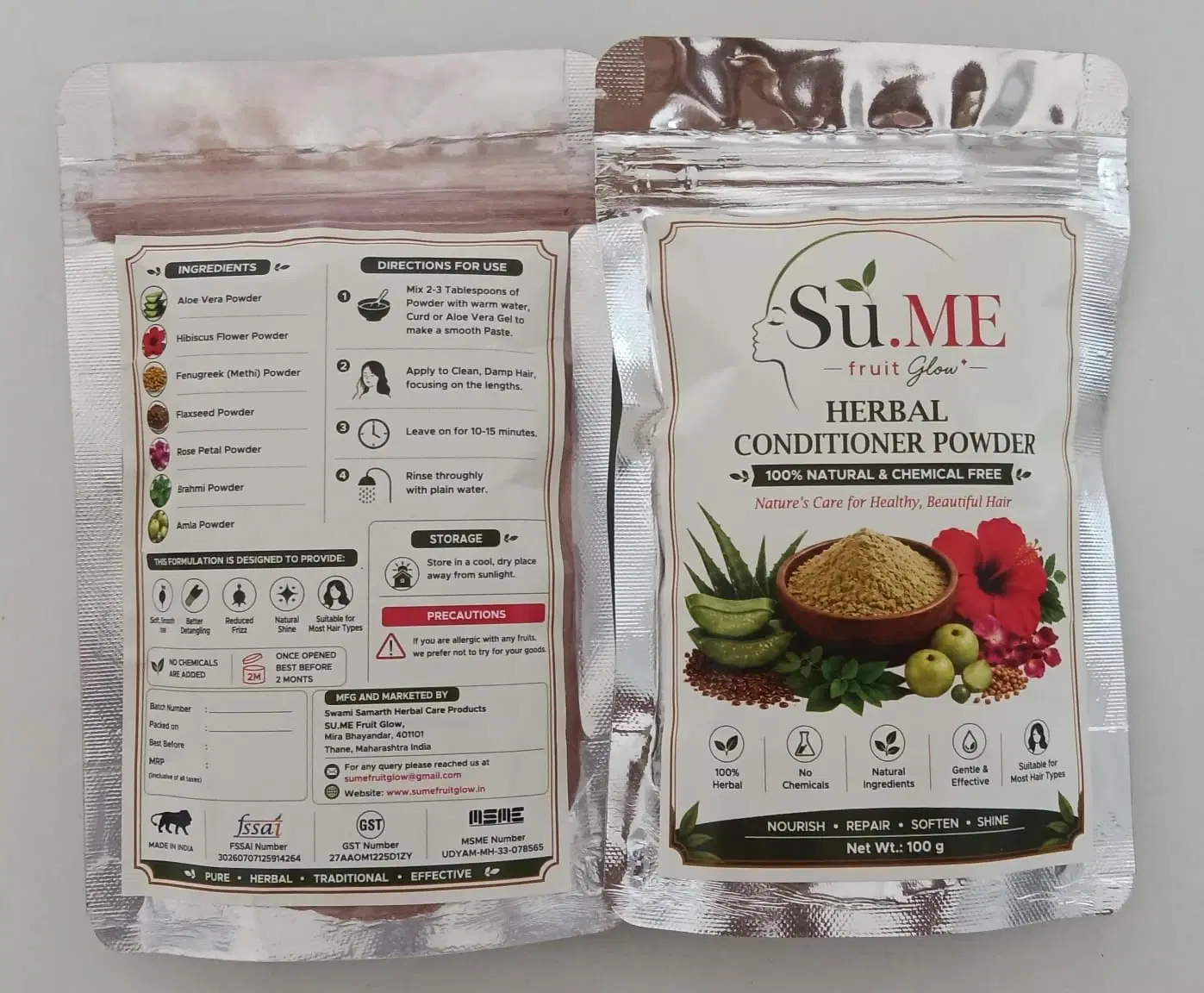  Su.ME Fruit Glow Herbal Conditioner Powder 100g pouch with ingredients and usage details