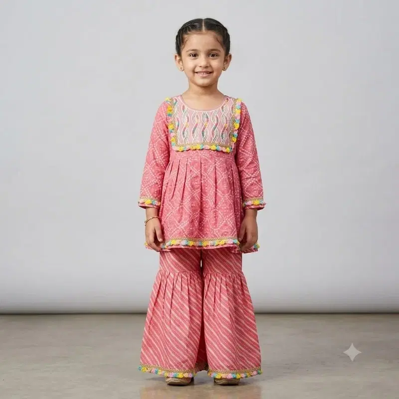 Designer Pink Bandhani Print Peplum Kurti With Sharara And Pom-pom Detailing For Girls