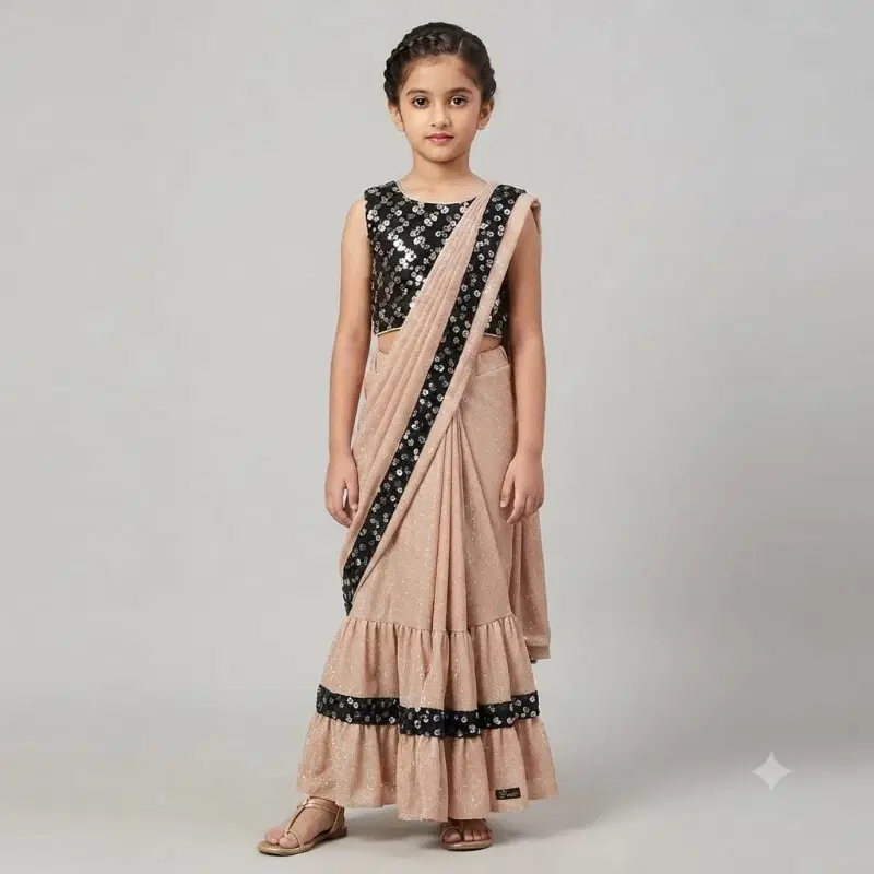 Designer Sequined Crop Top With Pre-stitched Ruffled Saree For Girls