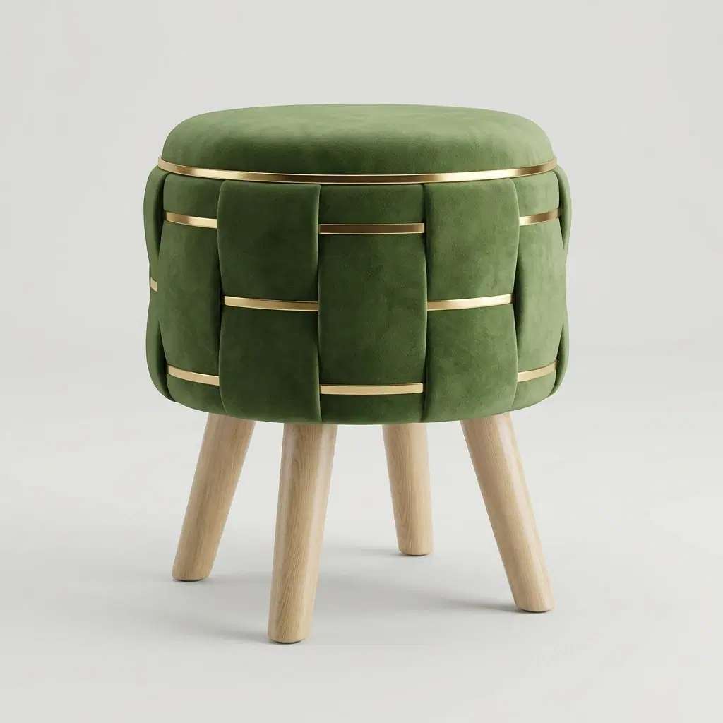 Olive Green Velvet Ottoman Stool With Golden Metal Straps And Wooden Legs