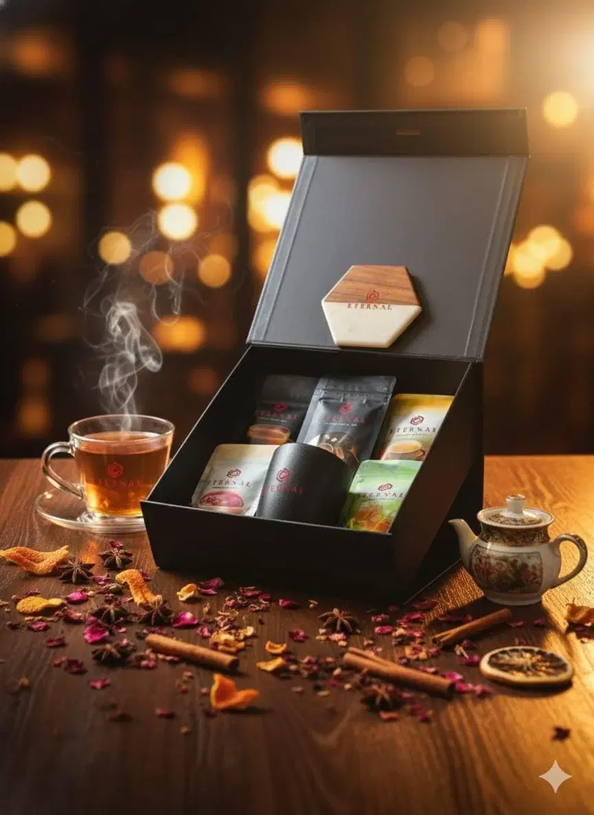 ETERNAL™corp Signature Tea Gift Hamper | 5×50g Premium Teas + Classic Cup + Designer Coaster | Corporate & Festive Gifting