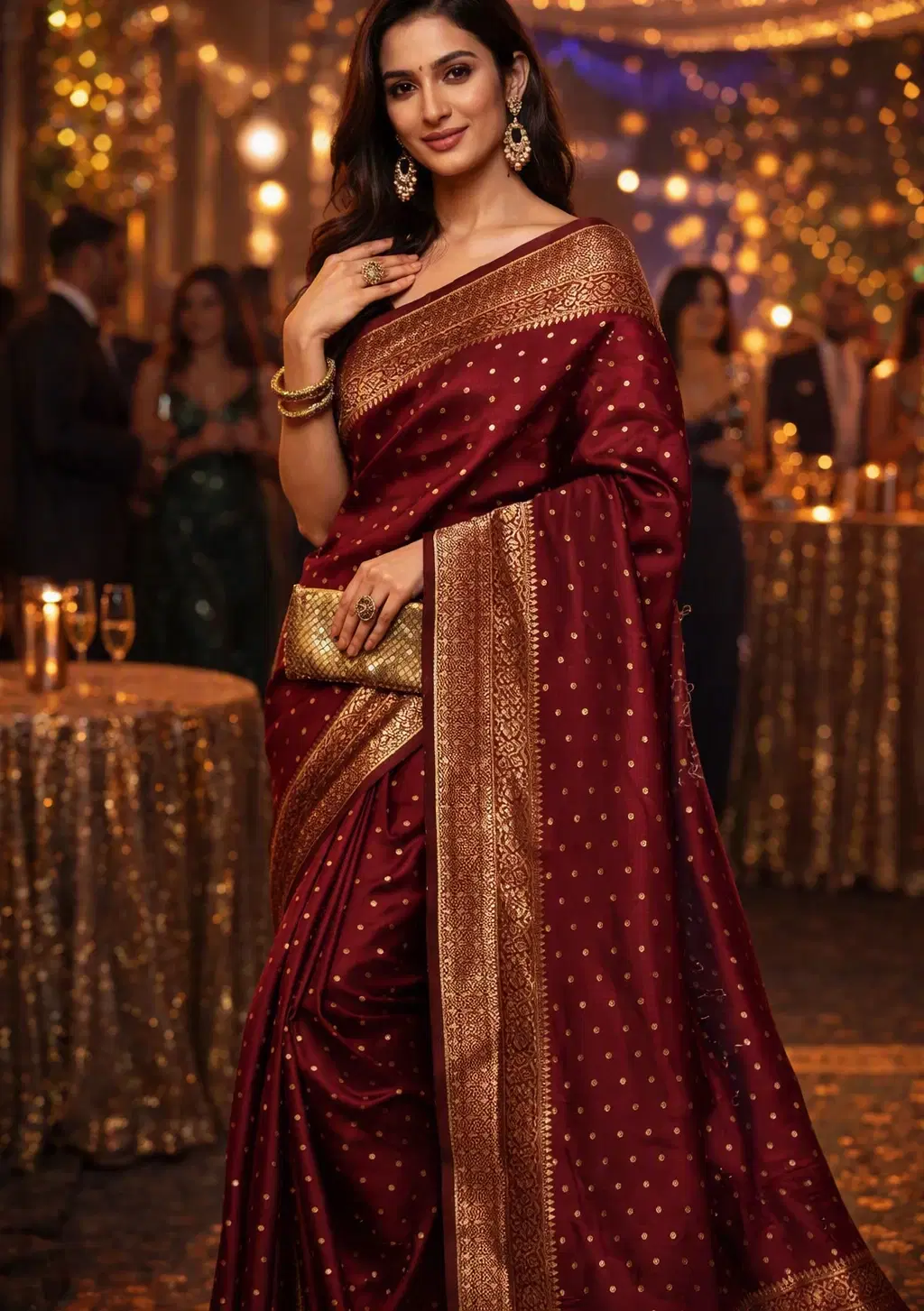 Woman wearing a maroon silk saree with gold zari border and dotted motifs at a festive event