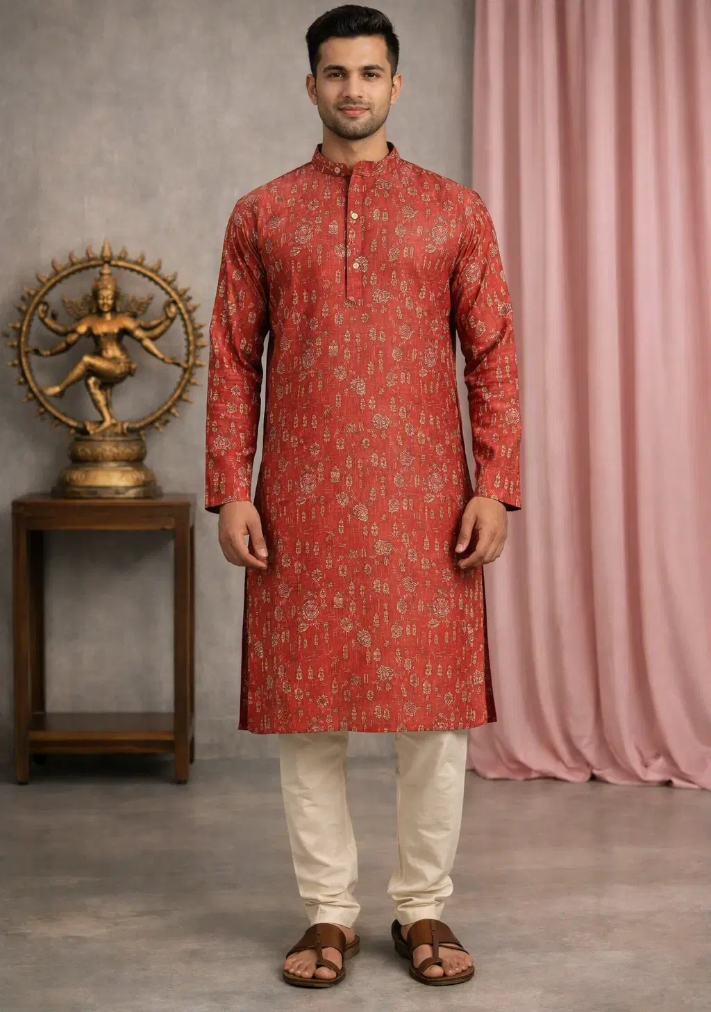 Men's Red Madhubani Printed Kurta with Cream Churidar